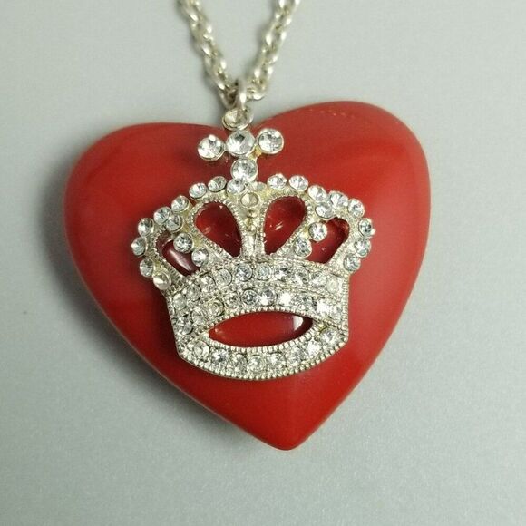 Vintage Red Heart with Rhinestone Crown Pendant and Long Chain Adjustable Length - Picture 8 of 10